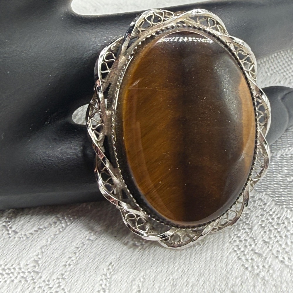 Vintage SORRENTO Sterling Polished Tiger's Eye Stone Oval Cabochon Brooch